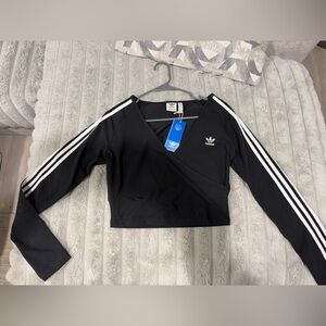 Adidas Originals Black Wrap Crop Top Long Sleeve 3-Stripe Trefoil Women’s M NWT